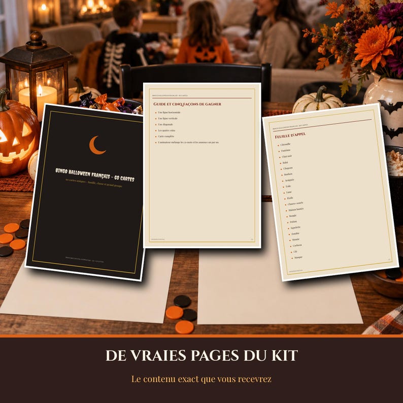 Bingo de Halloween 2026 para imprimir em francês, 60 cartelas exclusivas, jogo para família/sala de aula/grupos grandes, cartelas de chamada em PDF, formato A4/Carta imagem 2