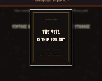 Set van 9 printbare Halloween-muurposters in vintage gotische stijl, 5 verschillende verhoudingen voor wanddecoratie, direct te downloaden als PDF.