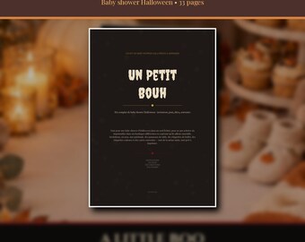 Printbare Halloween babyshowerkit 2026, uitnodigingen, 6 spelletjes, decoraties, A Little Boo, 34 pagina's PDF, direct te downloaden