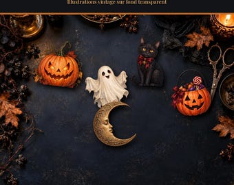 Halloween PNG-afbeeldingenpakket, 16 transparante vintage clipart-illustraties, pompoen, spook, kat, vleermuis, heks, digitale download (ZIP).