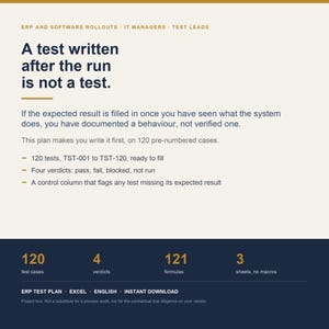 ERP Test Plan Template - Excel Spreadsheet with 120 Acceptance Tests and Verdict Tracking