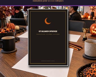 Printbaar Halloweenpakket voor 2026-2027 voor bedrijven, activiteiten voor 10 tot 50 collega's, quizzen, uitdagingen, mini-enquêtes, stemmen, kostuums, teambuilding (PDF)