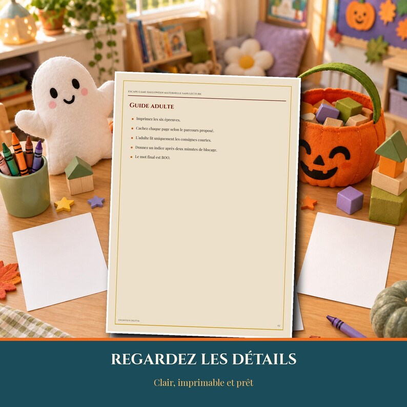 Gra ucieczki Halloween 2026 dla przedszkolaków – do druku, nie wymaga czytania, gra dla dzieci w wieku 4-6 lat – piktogramy, kolory, kształty, plik PDF do domu i klasy zdjęcie 5