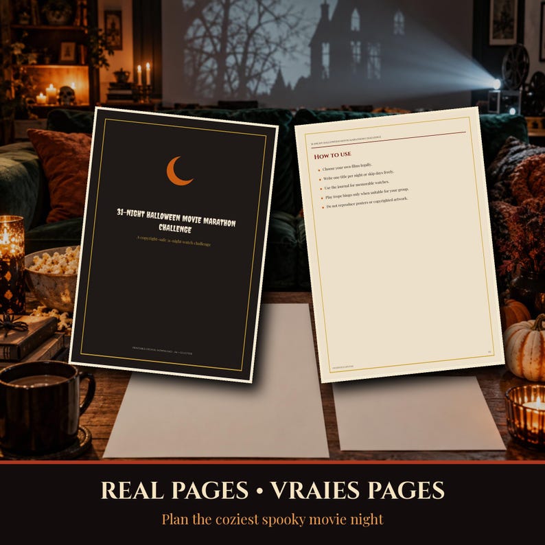 Halloween 2026-2027 Movie Marathon Printable, 31 Night Challenge Calendar, Film Rating Journal Trope Bingo Snack Cards, Instant Download imagen 4