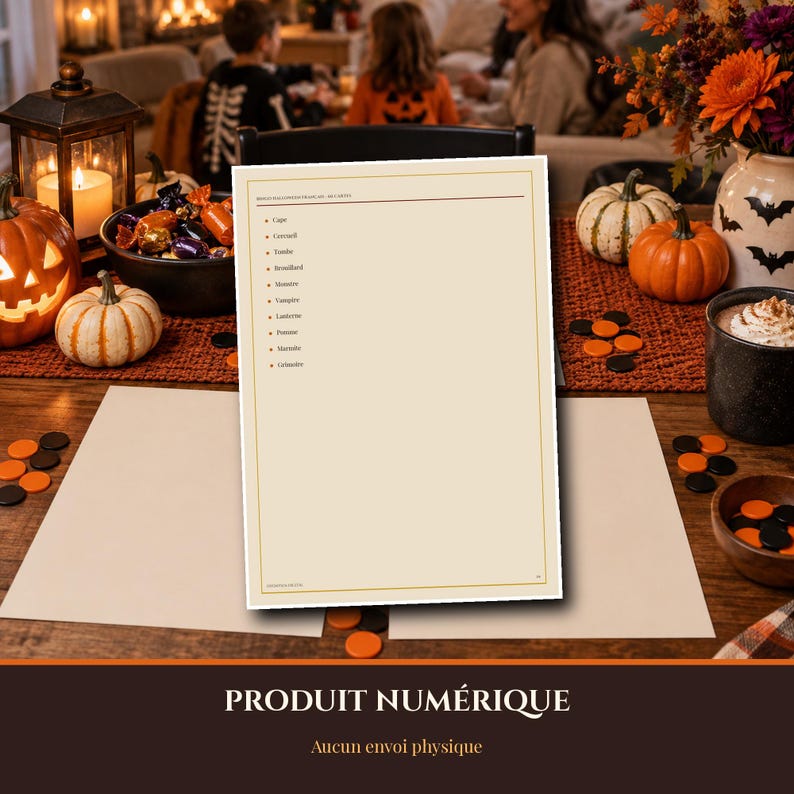 Bingo de Halloween 2026 para imprimir em francês, 60 cartelas exclusivas, jogo para família/sala de aula/grupos grandes, cartelas de chamada em PDF, formato A4/Carta imagem 8