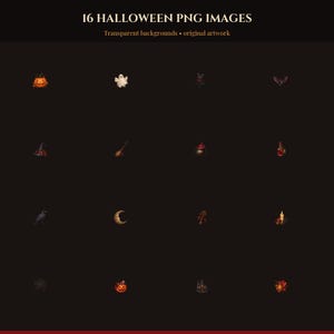Halloween PNG Image Pack, 16 Transparent Vintage Clipart Illustrations, Pumpkin Ghost Cat Bat Witch Digital Download ZIP image 1