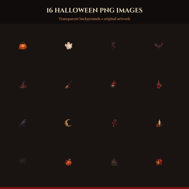 Halloween PNG Image Pack, 16 Transparent Vintage Clipart Illustrations, Pumpkin Ghost Cat Bat Witch Digital Download ZIP image 1