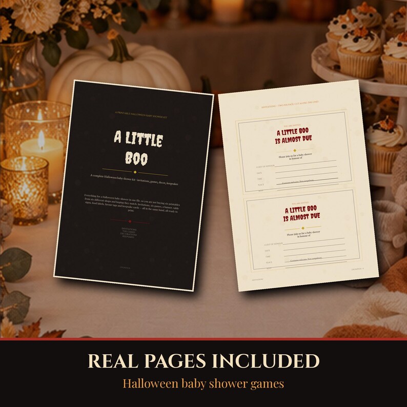 Kit imprimible para baby shower de Halloween 2026, invitaciones, juegos y decoración. ¡Un pequeño fantasma está a punto de llegar! 34 páginas, descarga instantánea en PDF. imagen 4