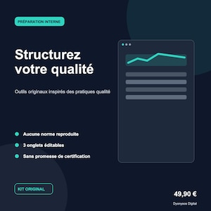 Puede incluir: Un gráfico digital sobre un fondo azul oscuro que muestra el texto PRÉPARATION INTERNE, Structurez votre qualité, Outils originaux inspirés des pratiques qualité, Aucune norme reproduite, 3 onglets éditables, Sans promesse de certification, KIT ORIGINAL, y un icono de ventana con un gráfico de líneas.