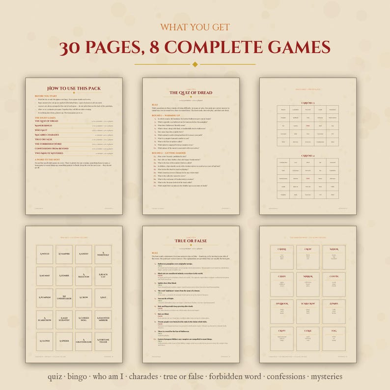 8 Halloween 2026 Party Games Printable for Adults, Quiz Bingo Charades Trivia, Halloween Game Bundle PDF, Instant Download, A4 + US Letter image 2