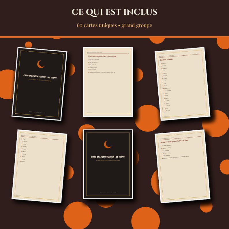 Bingo de Halloween 2026 para imprimir em francês, 60 cartelas exclusivas, jogo para família/sala de aula/grupos grandes, cartelas de chamada em PDF, formato A4/Carta imagem 3