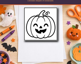 Halloween kleurplaten voor kinderen van 3-5 jaar om te printen, 9 eenvoudige en schattige ontwerpen, pompoen, spook, kat, PDF A4-formaat