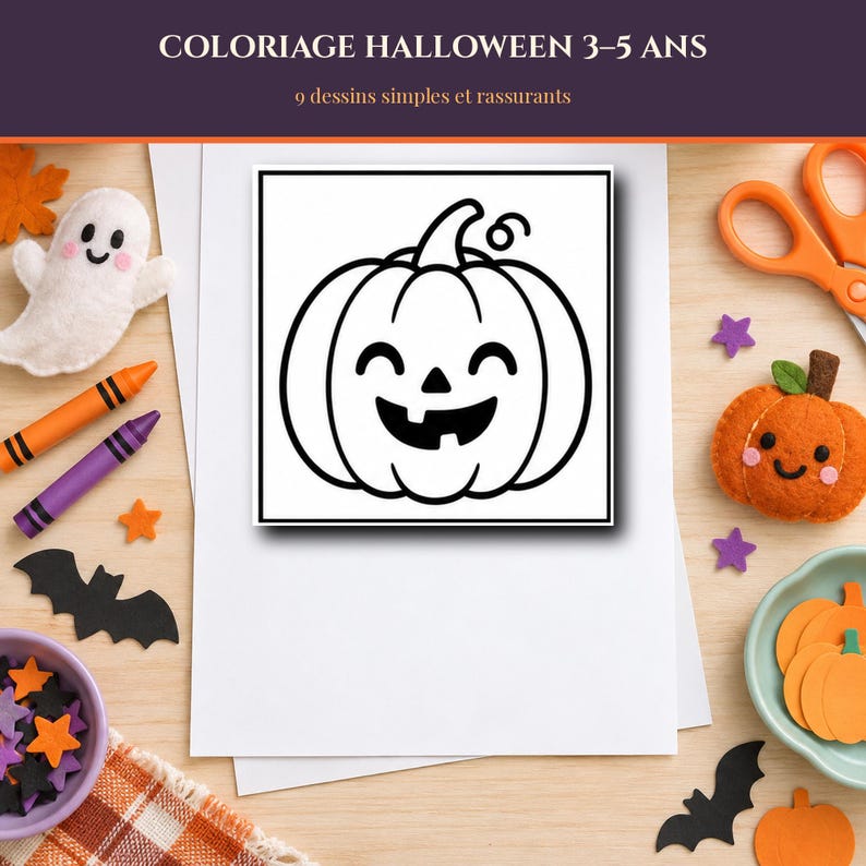 Halloween målarbilder för åldrarna 3-5 att skriva ut, 9 enkla och söta designer, pumpa, spöke, katt, PDF, A4 brev bild 1