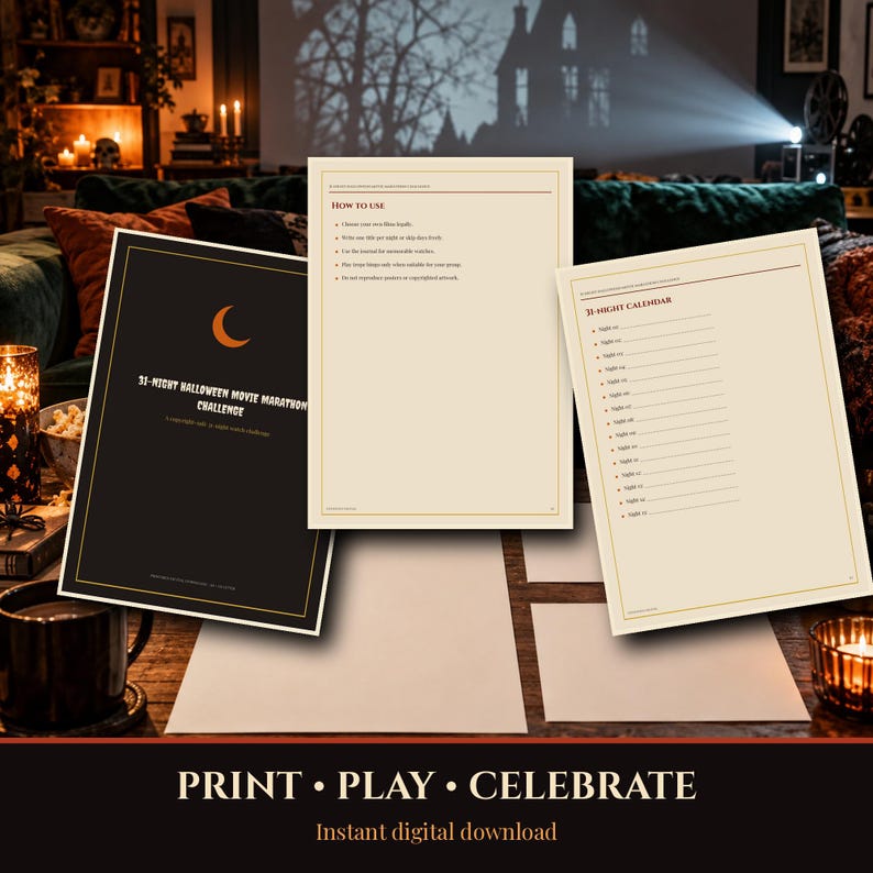 Halloween 2026-2027 Movie Marathon Printable, 31 Night Challenge Calendar, Film Rating Journal Trope Bingo Snack Cards, Instant Download imagen 8