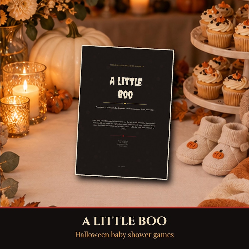 Kit imprimible para baby shower de Halloween 2026, invitaciones, juegos y decoración. ¡Un pequeño fantasma está a punto de llegar! 34 páginas, descarga instantánea en PDF. imagen 1