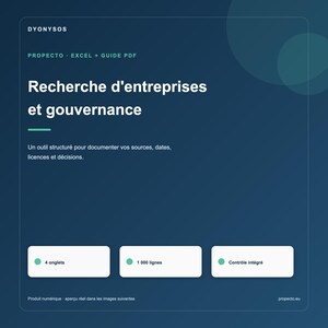 May include: A dark blue digital product graphic titled DYONYSOS PROPECTO EXCEL + GUIDE PDF. The text reads Recherche d'entreprises et gouvernance, with a description of a structured tool for sources, dates, licenses, and decisions. Includes 4 onglets, 1 000 lignes, and Contrôle intégré.