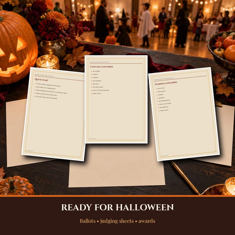 Organizador de Concurso de Halloween 2026-2027 para Imprimir, Cédulas de Votação para Fantasias e Esculturas de Abóbora, Folhas de Avaliação, Certificados de Premiação, Download Imediato imagem 7