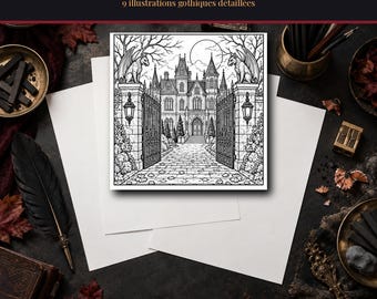 Halloween kleurplaten voor kinderen van 9-12 jaar om te printen, 9 gedetailleerde gotische illustraties van een Raven Manor en een bos (PDF)