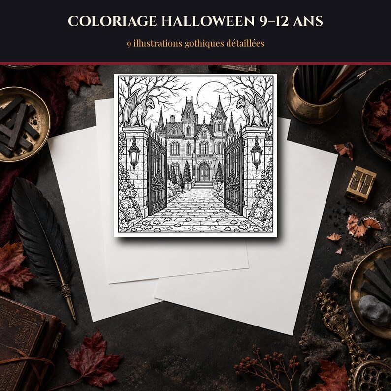Halloween Coloring Pages for Ages 9-12 to Print, 9 Detailed Gothic Illustrations of a Raven Manor and Forest (PDF) image 1