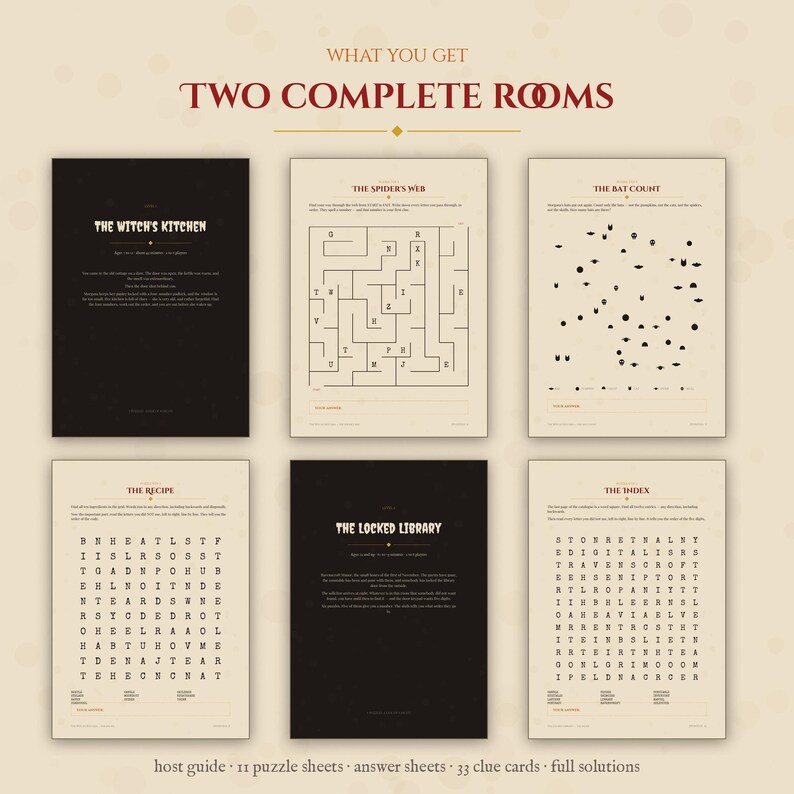 Printable Halloween 2026 Escape Room for Kids and Adults, 2 Games in 1, Family Party Game with 11 Puzzles, A4 + US Letter image 2