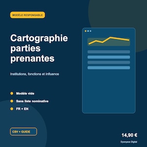 Może przedstawiać: Ciemnoniebieski szablon cyfrowy zatytułowany Cartographie parties prenantes z podtytułem Institutions, fonctions et influence. Zawiera żółtą ikonę wykresu liniowego, punkty dla Modèle vide, Sans liste nominative, FR + EN oraz przycisk CSV + GUIDE.
