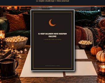 Printbare Halloween 2026-2027 filmmarathon, 31-daagse uitdagingkalender, filmbeoordelingsdagboek, tropebingo-snackkaartjes, direct te downloaden