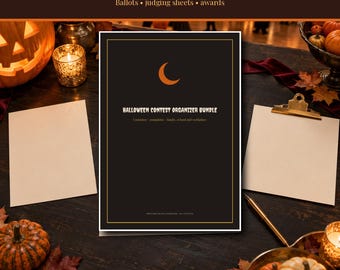 Printbare wedstrijdplanner voor Halloween 2026-2027, stemformulieren voor kostuums en pompoenversiering, juryformulieren, prijsuitreikingscertificaten, direct te downloaden