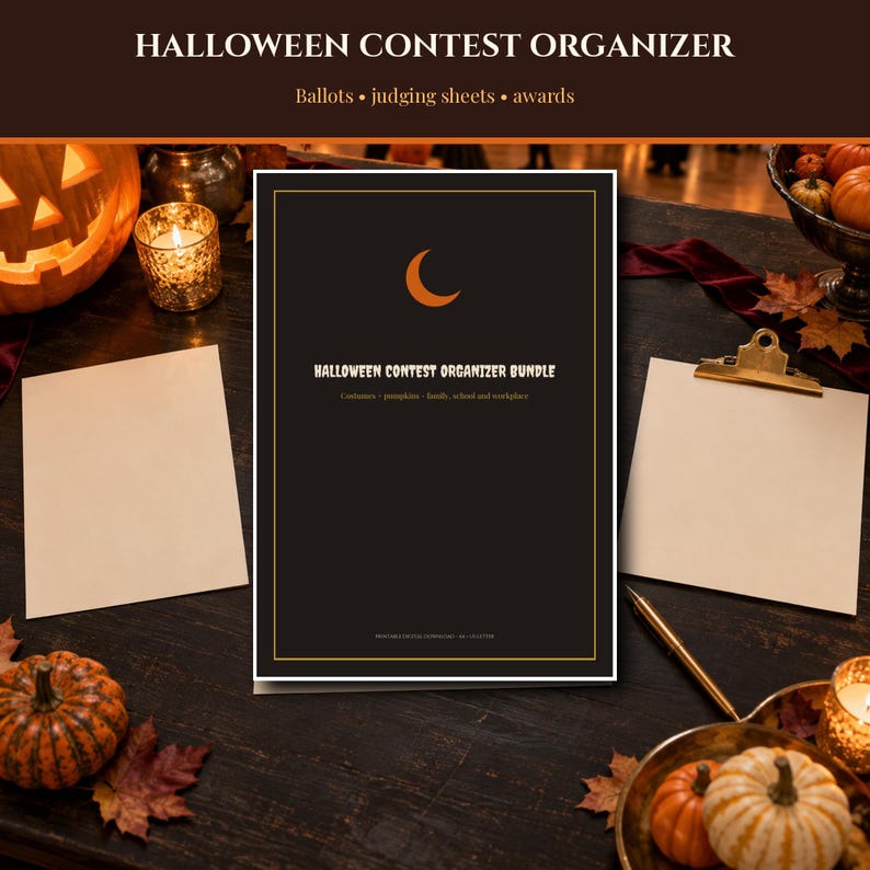 Organizador de Concurso de Halloween 2026-2027 para Imprimir, Cédulas de Votação para Fantasias e Esculturas de Abóbora, Folhas de Avaliação, Certificados de Premiação, Download Imediato imagem 1