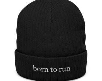 born to run embroidered beanie, ribbed & knit cuff hat, running essentials, runners gift, run club