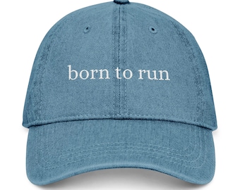 born to run denim embroidered baseball cap, running essentials, run club gifts, runners guide, gifts for athletes