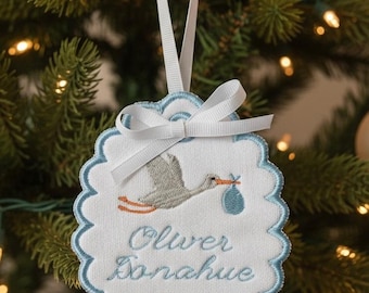 Custom Embroidered Scalloped Stork Ornament