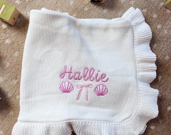Custom Embroidered Ruffle Baby Blanket, Personalized Baby Name Blanket, Newborn Keepsake Gift, Baby Shower Gift, Coming Home Blanket