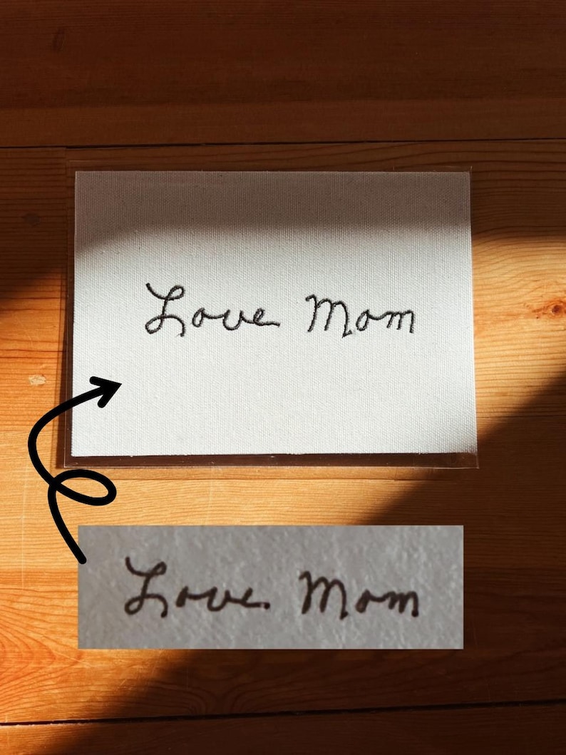 May include: A white canvas with the handwritten phrase "Love Mom" in black script. The canvas is in a clear plastic sleeve, and the image is on a wooden surface.