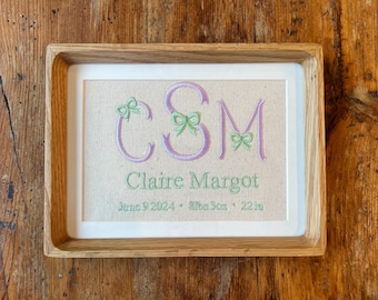 Embroidered Floral Bow Birth Announcement – Custom Nursery Decor, Personalized Nursery & Kids’ Room Decor