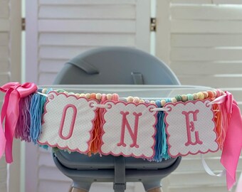 ONE High Chair Banner - Embroidered First Birthday Decoration - Cake Smash Banner - 1st Birthday Party Decor
