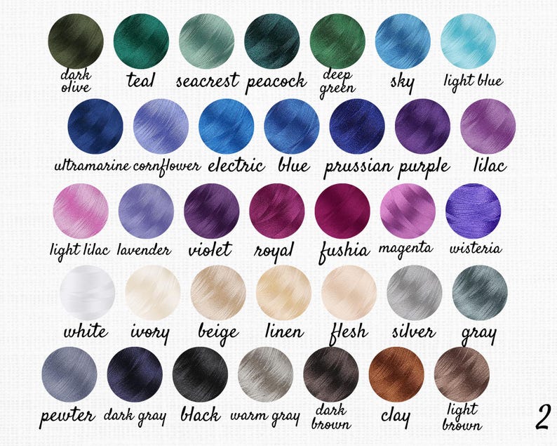 May include: A color chart featuring 30 circular color swatches, each labeled with a color name. Colors range from dark olive and teal to light brown and black. The number "2" is in the bottom right corner.