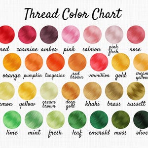 May include: A thread color chart with a variety of colors, including red, pink, orange, yellow, green, and brown. Each color is displayed in a circular swatch with the color name below. The text "Thread Color Chart" is at the top.