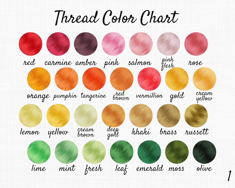 May include: A thread color chart with a variety of colors, including red, pink, orange, yellow, green, and brown. Each color is displayed in a circular swatch with the color name below. The text "Thread Color Chart" is at the top.