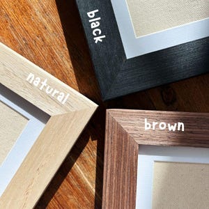 May include: Close-up of four framed art pieces with different frame colors: black, natural, and brown. The frames surround a canvas with white matting. The word "black", "natural", and "brown" are written on the frames.