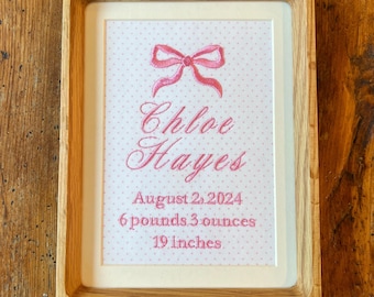 Embroidered Bow Birth Announcement – Personalized Nursery Art with Baby’s Details, Custom Nursery Decor, Birth Announcement Keepsake