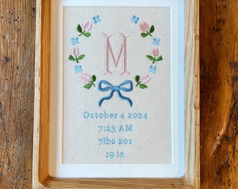 Embroidered Floral Bow Birth Announcement – Personalized Nursery Art with Baby’s Details, Custom Nursery Decor, Birth Announcement Keepsake