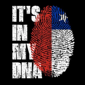 May include: Black graphic design featuring a fingerprint split into two sections. One side is red, the other is blue and white, resembling a flag. The text "IT'S IN MY DNA" is printed vertically in white.