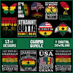 May include: A collection of digital designs with Ghanaian themes. The designs include text and graphics such as a butterfly, a fingerprint, a tree with an American flag, wedding rings, and the Ghana flag. The text includes phrases like "Ghanaian Roots" and "Straight Outta Ghana."