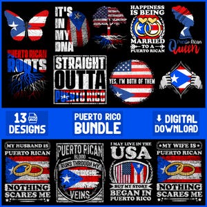 Puede incluir: Un conjunto de 13 diseños PNG con temas puertorriqueños. Los diseños incluyen una mariposa, una huella dactilar, un árbol y texto como "Straight Outta Puerto Rico" y "Yes, I'm Both of Them". Los diseños son en rojo, blanco y azul.