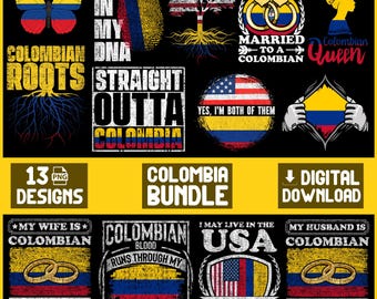 Paquete de imágenes PNG de Colombia / 13 diseños del orgullo colombiano / Imágenes prediseñadas para sublimación / Frases colombianas para camisetas / Descarga digital