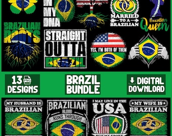 Paquete de imágenes PNG de Brasil / 13 diseños del orgullo brasileño / Imágenes prediseñadas para sublimación / Frases brasileñas para camisetas / Descarga digital