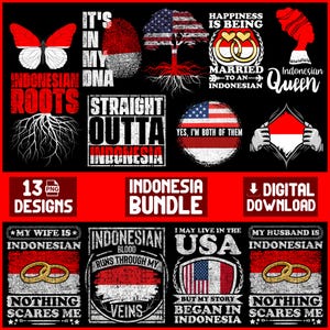 Op de afbeelding: Een verzameling digitale ontwerpen met Indonesische thema's. De ontwerpen bevatten tekst en afbeeldingen, waaronder een vlinder, een vingerafdruk en de Indonesische vlag. Beschikbaar als digitale download.