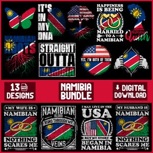Peut inclure: Une collection de 13 motifs PNG sur le thème de la Namibie. Les motifs comprennent un papillon, une empreinte digitale, un arbre et du texte tel que "It's in my DNA" et "Straight Outta Namibia". Comprend également des alliances et le drapeau américain.