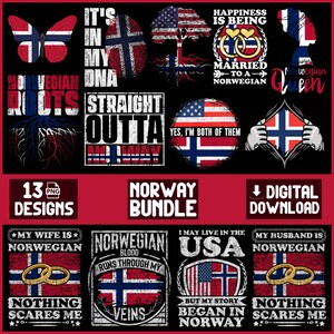Puede incluir: Una colección de 13 diseños PNG con gráficos temáticos de la bandera noruega. Incluye una mariposa, una huella dactilar, un árbol y texto que dice "It's in my DNA", "Straight Outta Norway" y "Yes, I'm both of them". También incluye "Norway Bundle" y "Digital Download".