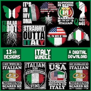Könnte beinhalten: Ein digitales Paket mit 13 Grafikdesigns, die italienische und amerikanische Flaggenmotive zeigen. Die Sammlung enthält Illustrationen von Schmetterlingen, Fingerabdrücken, Bäumen, Eheringen und Texten wie Italian Roots, Straight Outta Italy und Italian Queen.